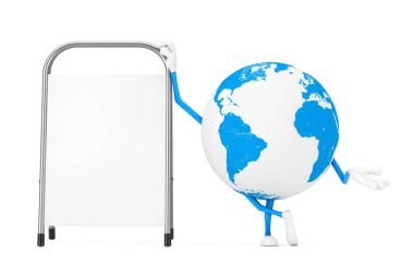 Beyaz arka planda Beyaz Boş Reklam Standı olan Dünya Küre Karakteri Maskotu. 3d Hazırlama