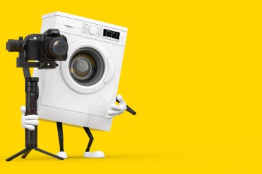 Sarı arka planda DSLR ya da Video Kamera Gimbal Stabilizasyon Sistemli Modern Beyaz Yıkama Makinesi Karakteri Maskotu. 3d Hazırlama