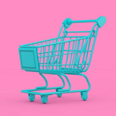 Mavi Alışveriş Arabası Trolley Mock Up Duotone Style ile pembe arka planda. 3d Hazırlama