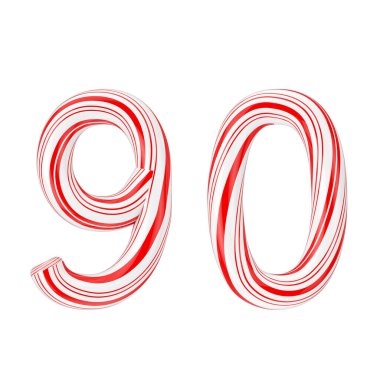 Sembol 9 ve 0. Naneli Şeker Çubuğu Harf Harfleri Koleksiyonu Beyaz arka planda Kırmızı Noel Rengi ile çizili. 3d Hazırlama 