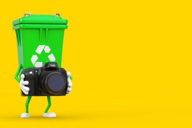 Sarı arka planda Modern Dijital Fotoğraf Kameralı Yeşil Çöp Kutusu Karakteri Maskotu. 3d Hazırlama