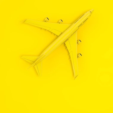 Sarı arka planda Duotone Style olarak Sarı Jet Yolcu Uçağı 'nın üst görüntüsü. 3d Hazırlama 