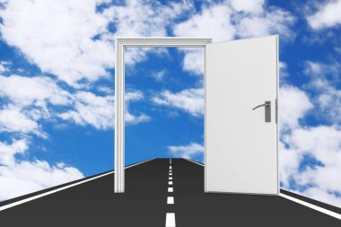 Özgürlük kavramı. Asphalt Yolu üzerinde açık beyaz kapı mavi gökyüzü arka planında. 3d Hazırlama 