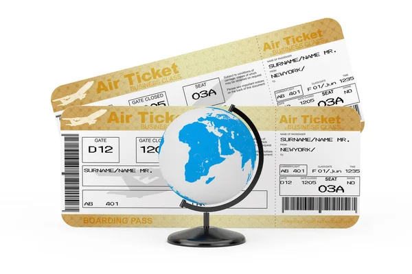 Desk Earth Globe Front Two Golden Business First Class Airline — Stock Photo, Image