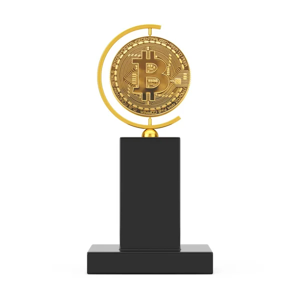 Cryptocurrency Golden Bitcoin Coin Award Trophy Белом Фоне Рендеринг — стоковое фото