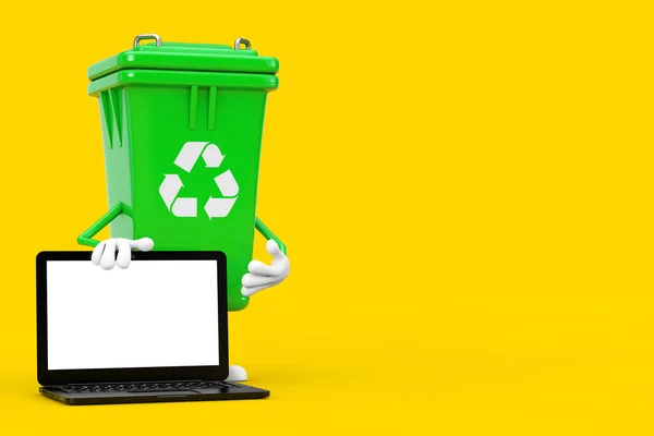 Znak Recyklingu Zielony Kosz Śmieci Maskotka Charakter Nowoczesny Komputer Laptop — Zdjęcie stockowe