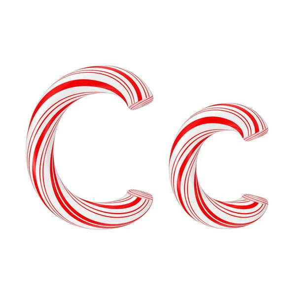 Letter C Mint Candy Cane Alphabet Collection Striped in Red Christmas Colour on a white background. 3d Rendering
