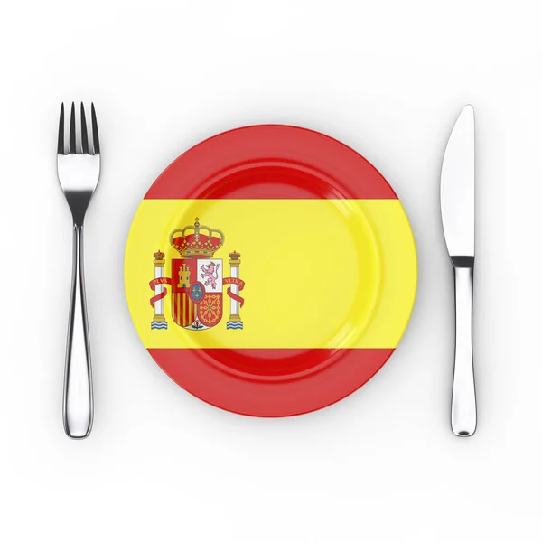 Hiszpania Food Cuisine Concept Widelec Nóż Płyta Hiszpańską Flagą Białym — Zdjęcie stockowe