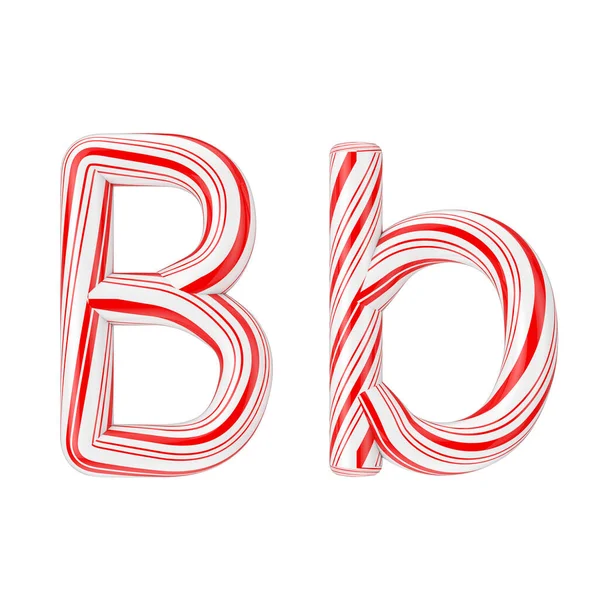 手紙Bミントキャンディーケーンアルファベットコレクション白い背景に赤いクリスマスカラーで縞模様 3Dレンダリング — ストック写真