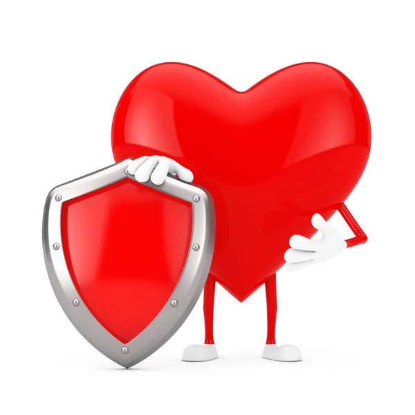 Red Heart Character Mascot Red Metal Protection Shield White Background — Stock Photo, Image