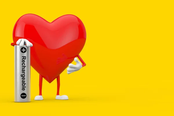 Red Heart Character Mascot Rechargeable Battery Yellow Background Rendering — Stock Photo, Image