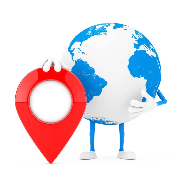 Earth Globe Character Mascot Red Map Pointer Target Pin White — Stock Photo, Image