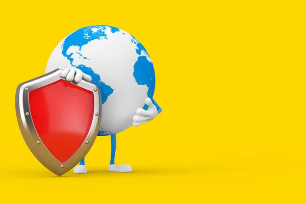 Earth Globe Character Mascot Med Red Metal Protection Shield Gul — Stockfoto