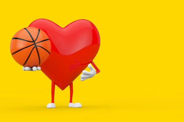 Mascotte Caractère Coeur Rouge Avec Ballon Basket Sur Fond Jaune — Photo