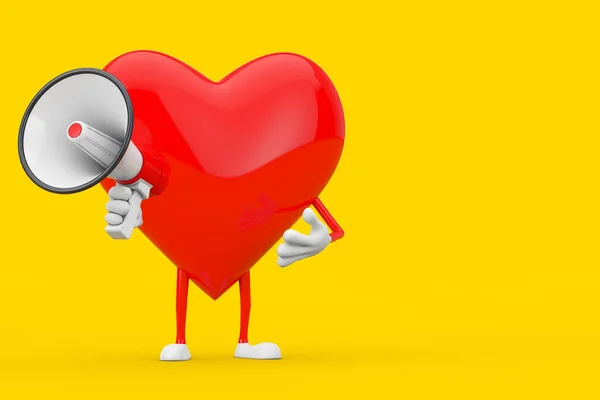 Red Heart Character Mascot Red Retro Megaphone Yellow Background Rendering — Stock Photo, Image