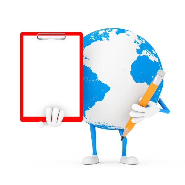 Earth Globe Character Mascot Red Plastic Clipboard Paper Pencil White — Stock Photo, Image