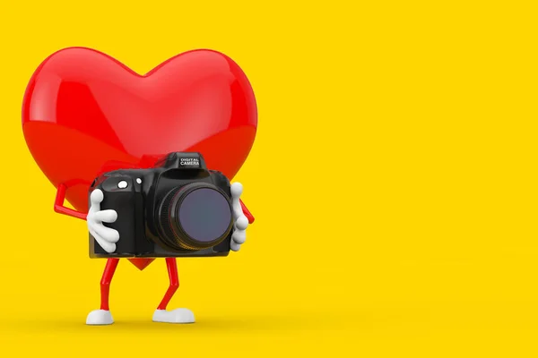 Red Heart Character Mascot Modern Digital Photo Camera Yellow Background — Stock Photo, Image