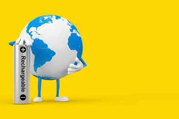 Earth Globe Character Mascot Akumulatorem Żółtym Tle Renderowanie — Zdjęcie stockowe