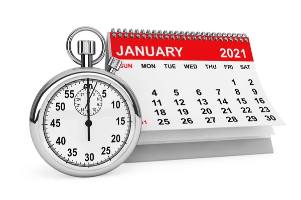 2021 Year Jnuary Calendar Stopwatch White Background Rendering — Stock Photo, Image