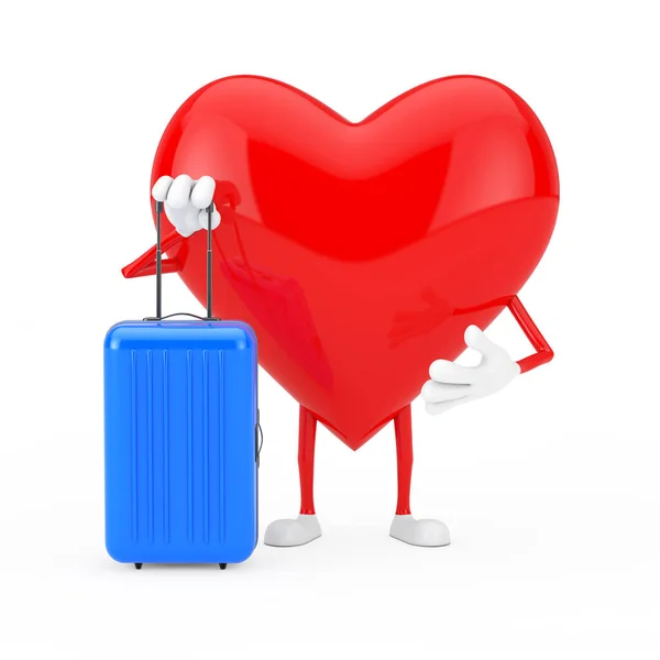 Red Heart Character Mascot Blue Travel Suitcase White Background Rendering — Stock Photo, Image