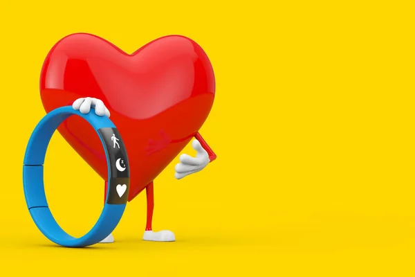 Red Heart Character Mascot Blue Fitness Tracker Жовтому Тлі Рендеринг — стокове фото