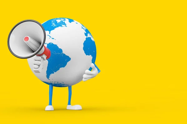 Earth Globe Character Mascot Red Retro Megaphone Yellow Background Rendering — Stock Photo, Image