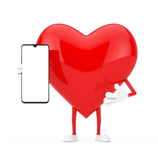 Maskot Červeným Srdcem Moderní Mobilní Telefon Prázdnou Obrazovkou Pro Váš — Stock fotografie