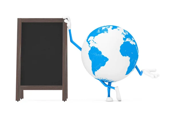 Earth Globe Character Mascot Blank Wooden Menu Blackboards Utomhusvisning Vit — Stockfoto