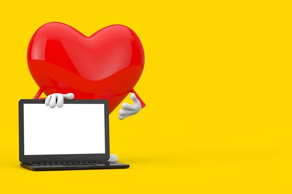 Red Heart Character Mascot Modern Laptop Computer White Screen Your — Stock Photo, Image