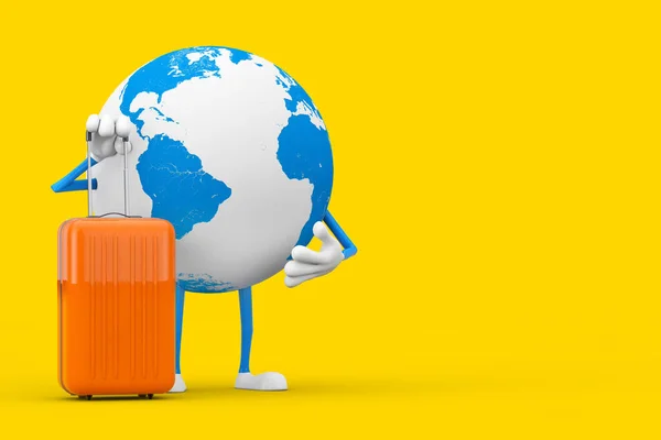 Sarı Arka Planda Turuncu Seyahat Çantalı Dünya Küre Karakteri Maskotu — Stok fotoğraf
