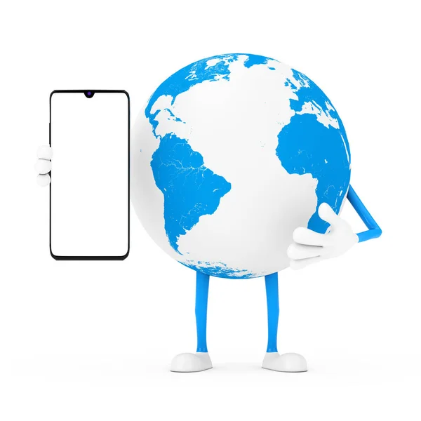 Earth Globe Character Mascotte Moderne Mobiele Telefoon Met Blanco Scherm — Stockfoto