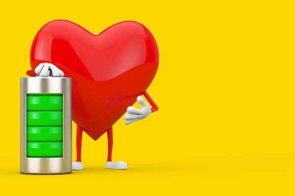 Red Heart Character Mascot Abstract Charging Battery Жовтому Тлі Рендеринг — стокове фото