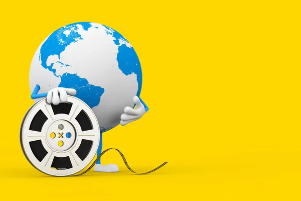 Earth Globe Character Mascotte Met Film Reel Cinema Tape Een — Stockfoto