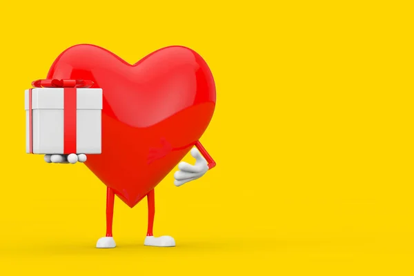 Kırmızı Kalp Maskotu Hediye Kutusu Kırmızı Kurdeleli Sarı Arka Planda — Stok fotoğraf