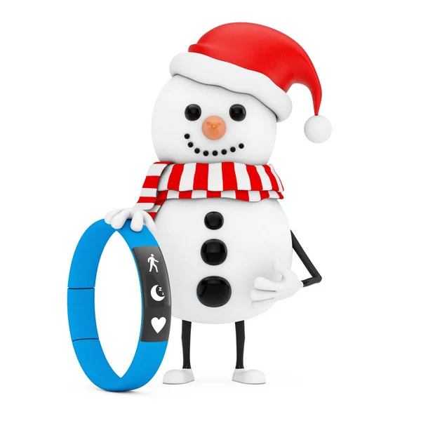 Bałwan Santa Claus Kapelusz Maskotka Blue Fitness Tracker Białym Tle — Zdjęcie stockowe