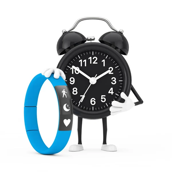 Alarme Clock Character Mascote Com Blue Fitness Rastreador Fundo Branco — Fotografia de Stock