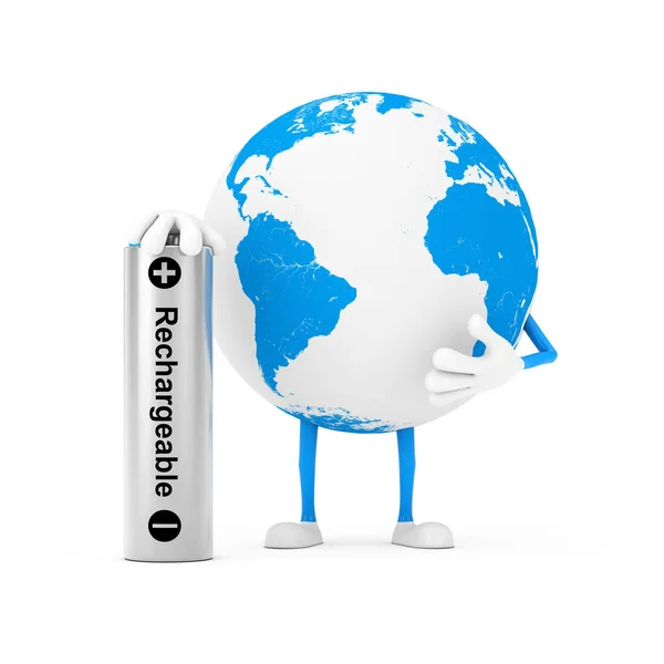 Earth Globe Character Mascot Rechargeable Battery White Background Rendering — Stock Photo, Image