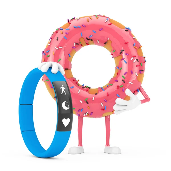 Gran Fresa Rosa Esmaltado Donut Carácter Mascota Con Blue Fitness — Foto de Stock