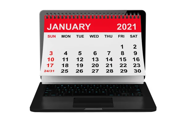 2021 Yıllık Takvim Ocak Takvimi Beyaz Arka Planda Dizüstü Bilgisayar — Stok fotoğraf