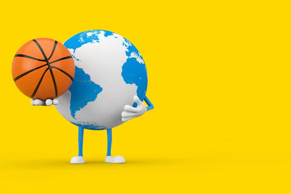 Mascotte Personnage Globe Terre Avec Ballon Basket Sur Fond Jaune — Photo