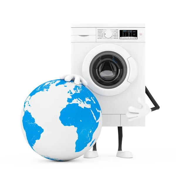 Modern White Washing Machine Character Mascot Dengan Gift Box Dengan — Stok Foto