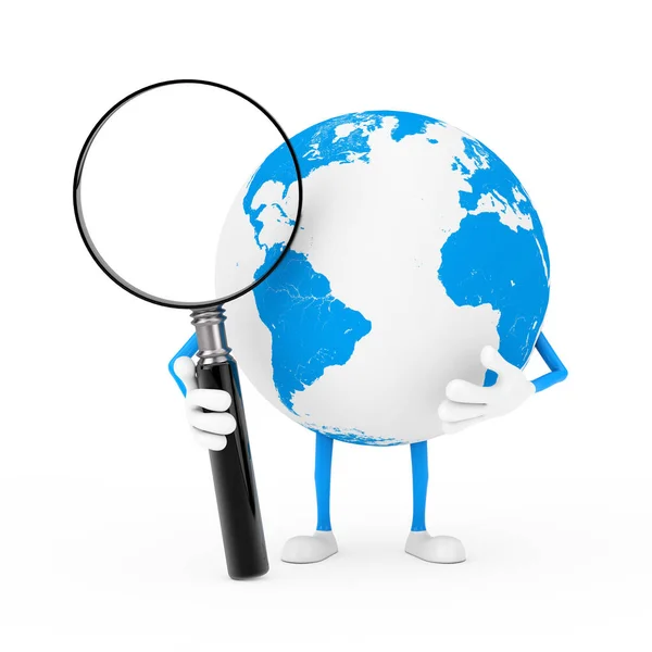 Earth Globe Character Mascotte Met Vergrootglas Een Witte Achtergrond Rendering — Stockfoto