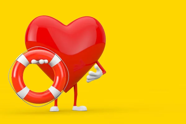 Red Heart Character Mascote Com Bóia Vida Fundo Amarelo Renderização — Fotografia de Stock