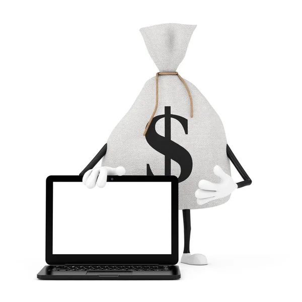 Tied Rustic Canvas Linen Money Sack Money Bag Modern Laptop — Stock Photo, Image