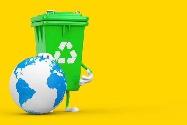 Sarı Zemin Üzerinde Dünya Küresi Olan Yeşil Çöp Kutusu Karakteri — Stok fotoğraf