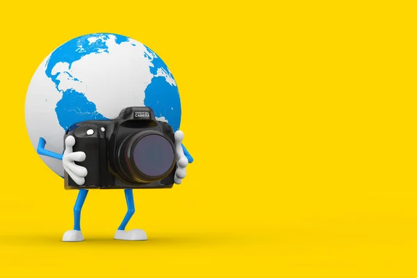 Earth Globe Character Mascot with Modern Digital Photo Camera on a yellow background. 3d Rendering