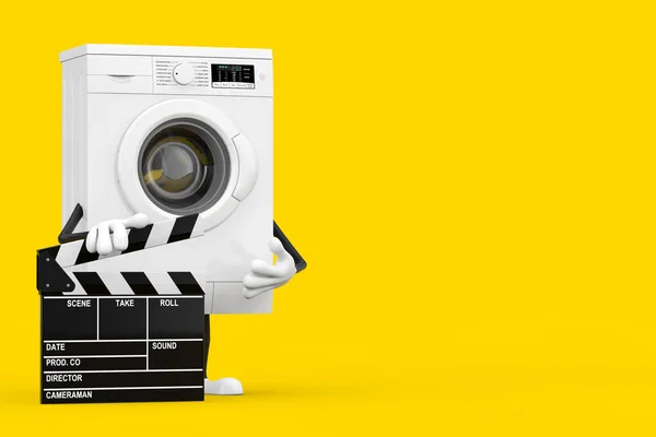 现代白色洗衣机人物吉祥物与电影拍板黄色背景 3D渲染 — 图库照片