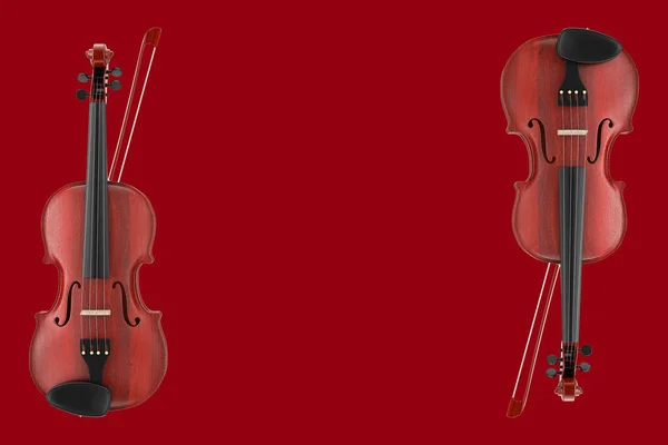 Violino Madeira Clássico Com Arco Sobre Fundo Vermelho Renderização — Fotografia de Stock