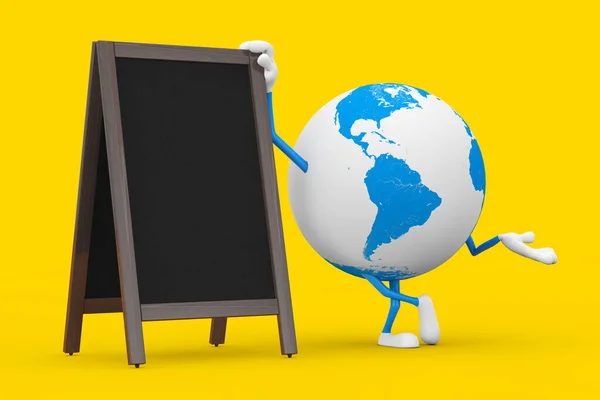 Earth Globe Character Mascot Blank Wooden Menu Blackboards Εξωτερική Οθόνη — Φωτογραφία Αρχείου