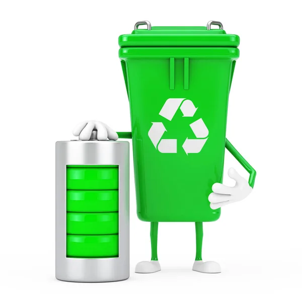 Recycle Sign Green Garbage Bin Character Maskottchen Mit Abstrakter Ladebatterie — Stockfoto